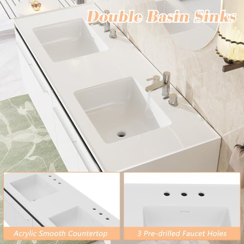 AMERLIFE 60" LED Floating Bathroom Double Vanity with Sink Combo, Modern High Gloss Wall Mounted Bathroom Storage Cabinet with 3 Hole Sink & & Metal Handles & Soft Closing Doors, White