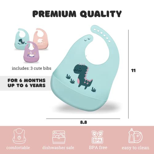 Silicone Baby Bibs with Food Catcher (Set of 3) - BPA Free Plastic, Durable and Adjustable Bib - Silicone Bibs for Babies, Toddlers, Boys, and Girls3