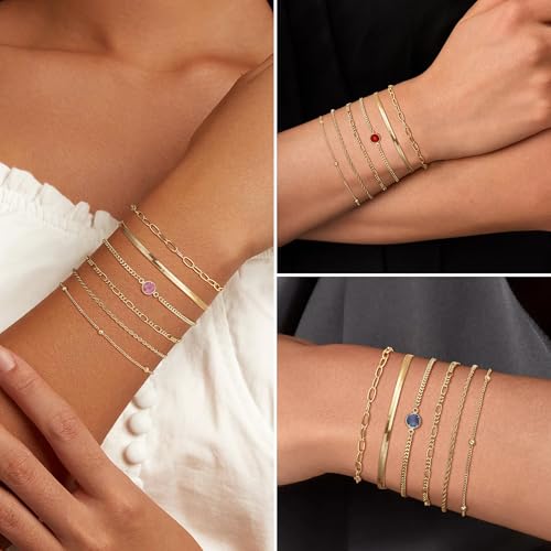 Birthstone Gold Bracelets for Women Waterproof, 14K Gold Plated Jewelry Sets Dainty Stackable Bracelet Blue Green Emerald Friendship Link Paperclip Chain Bracele Fashion Jewelry Accessories Birthday Gifts for Womens2