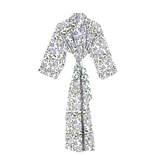 Image of Generic Cotton Hand Block Print Kimono Robes for Women, Long Length Floral Print Nightgown, Bikani cover- up cotton kimono (Cotton, White,Blue, Green)