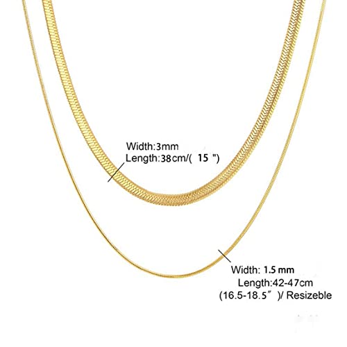 Tasiso 14K Gold Plated Herringbone Choker Necklace Set Double Layer Snake Chain Layered Gold Herringbone Chain Necklace Flat Snake Choker Necklaces For Women 3Mm 38Cm/1.5Mm 42Cm #TOP4
