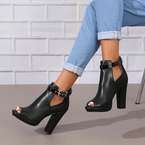Women's Open Peep Toe Booties Cutout Side Strap Buckle Chunky Block Heel Fashion Short Ankle Boots Dressy Sandals4