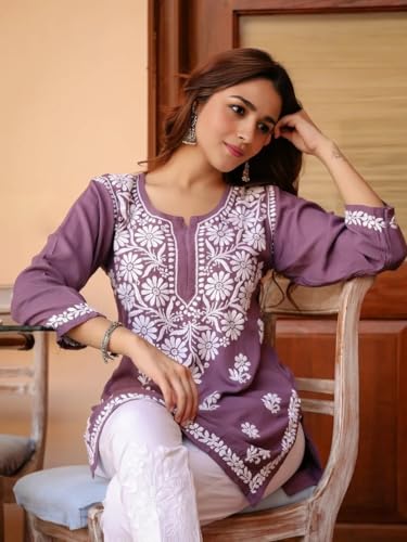 Image of Sidhidata Women Rayon Regular Stylish Kurti with 3 /4 Sleeves & Beautiful Neck Embroidery Ideal for Casual Office Wear & Everyday Comfort (Kurti Angell)