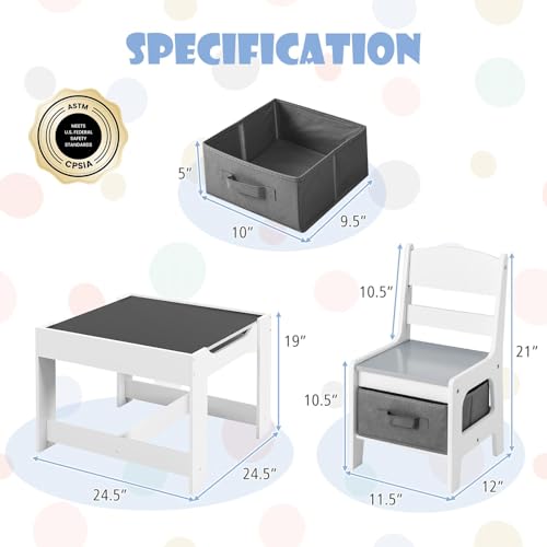 Image of GLACER Kids Table and Chairs, 3 in 1 Wooden Activity Table with Storage, Reversible Tabletop, Chalkboard for Crafts, Drawing, Reading, Toddler Table and Chair Set for Playroom, Easy to Clean(Grey)