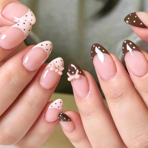 Pink Brown French Tip Press On Nails Short Almond Fake Nails