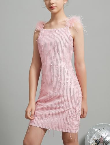 EXARUS Girls Sequin Fringe Dress Sparkling Tassel Sleeveless Bodycon/A-Line Splice Furry Strap Party Special Occasion4