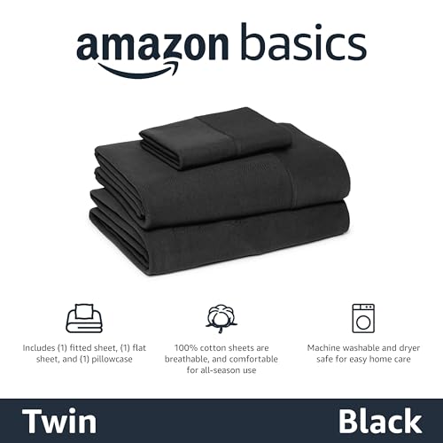 Image of Amazon Basics 100% Cotton Jersey Bed Sheet Set, Twin, Black, Solid