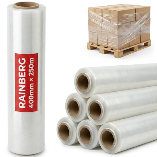 Rainberg Strong Heavy-Duty Stretch Film for Pallet Wrapping Packaging and Moving for Furniture Luggage and Parcels Water & Moisture Proof Pallet Stretch Shrink Wrap rolls 400mm x 250m (Clear 6)