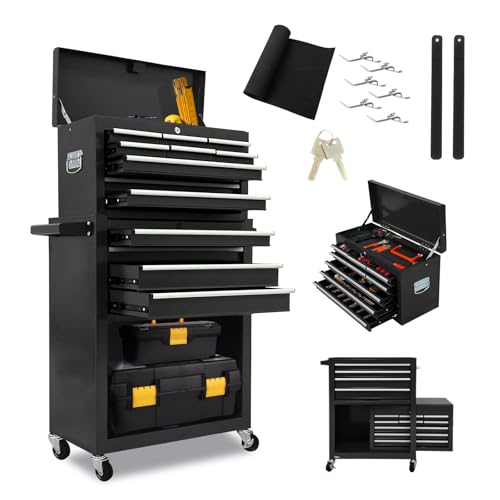 Kirmosal 13 Drawers Tool Chest with Wheels,Large Capacity Tool Storage Cabinet with Removable Top Toolbox, Locking Mechanical Tool Cart with Liner,Suitable for Garages, Warehouses-Black