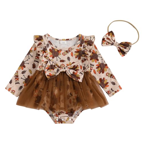Thanksgiving Baby Girl Outfit Infant Fall Romper Dress Turkey Pumpkin Print Bodysuit Tutu Dresses Newborn Clothes