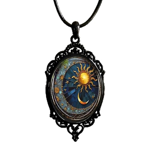 Gothic Glass Pendant Necklace for Women Sun and Moon Necklaces Vintage Celestial Necklace Lunar Solar Cameo Necklaces Mystic Rope Chain Goth Witch Jewelry
