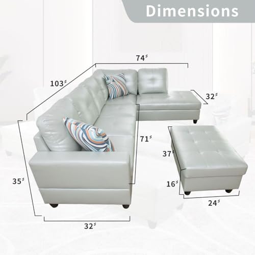 Image of L-Shaped 3-Piece Semi PU Synthetic Leather Sofa with Storage Ottoman Set, Sectional Couch Sofa Set for Living Room, Office, Small Space, Silver Green