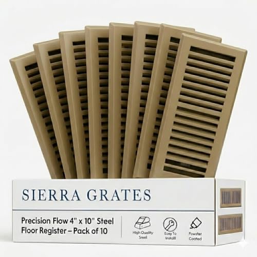 Image of 4 inch x 10 inch Brown Floor Register 2 Way - Stamped Face Steel Vent Cover, HVAC Floor Grille for AC Heat, Fits 4x10 Duct Opening, Heavy Duty Metal Register, 10 Pack