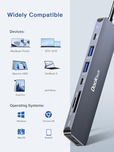 Image of USB C Hub, dockteck 7 in 1 Multiport USB C Adapter with 4K HDMI, 100W PD, 5 Gbps USB-C, 2 USB-A Data Ports, SD /TF Card Reader for MacBook Pro /Air, iPad Pro, Surface Pro, Steam Deck, XPS, HP