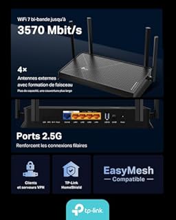 TP-Link Archer BE3600 Routeur WiFi 7, Vitesse jusquà 3,6 Gbit/s, bi-Bande, 2 Ports 2.5G, USB 3.0, 4 antennes à Haute Performance, EasyMesh, WPA3, Contrôle Parental, Antivirus intégré