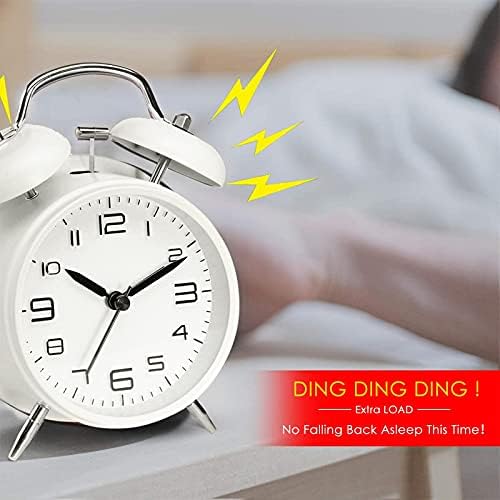 LATEC Twin Bell Alarm Clock with Backlight, 4" Stereoscopic Dial, Battery Operated Loud Alarm Clock, No Ticking, Noiseless, Retro Bell Alarm Clock, Quartz Drive (White)