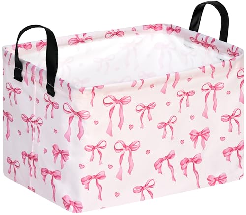 Image of Pink Bowknot Girls Gifts Storage Box Clothes Hamper Basket Collapsible Organizer Bin Toys Shelf Baskets for Home Bedroom Decor