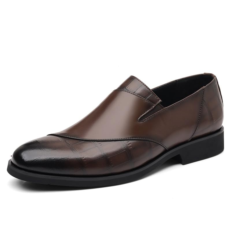 “Men's Leather Upper Slip - on Loafers, Classic Round Toe Business Formal Dress Shoes with Polished Toe Detailing and Low - Profile Heel”