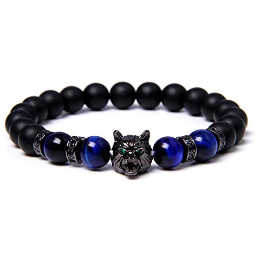 OADAA Save A Wolf - Pulsera de piedra de lava – Pulsera de cuentas de piedra de lava con forma de cabeza de lobo para hombres y mujeres, 8 month, Piedra Cristal