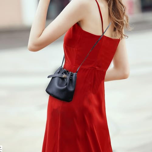 Image of Ladies Bucket Bags,Small Bucket Purses Leather Crossbody Purse Adjustable Shoulder Strap Shrinking Bucket Bag