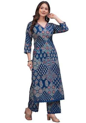 Image of rytras Women Pure Cotton Printed Straight Kurta Set with Palazzo Pants - Ethnic Wear