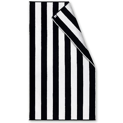 Premium Black Cabana Stripe Oversized Beach Towel - 100% Egyptian Cotton - 40 x 72 Inch - Double Terry Yarn Dyed (1 Towel)