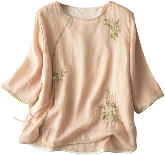 Women's National Style Retro Embroidered Floral Top Side Frog Button Cotton Linen Summer Blouse