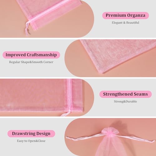 Image of Hopttreely 100pcs Pink Organza Bags Large, 6 x 9 inch Drawstring Gift Pouches Mesh Party Favor Bags for Christmas Wedding Baby Shower