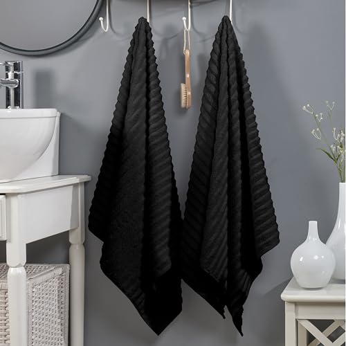 Image of Elegant Comfort 100% Turkish Cotton Corduroy Ribbed Luxury Soft 2 Pack Bath Towels 27 x 54 Inch - Ultra Plush, Absorbent, Quick Dry, Hotel Spa Quality Towels for Bathroom Essentials, Black