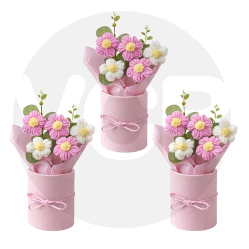 Image of VCR Handmade Pink Crochet Bouquet- Pack of 3 - Hand Woven Knitted Artificial Hand Knitted Bouquet Flower for Office Desk, Table, Car, Bedroom, Wedding & Special Occasions