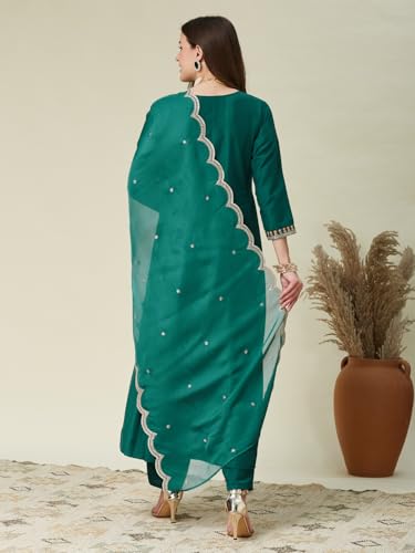 Image of MOKOSH Women's Silk Embroidered Anarkali Kurta Pant & Dupatta | Anarkali Kurta Set |Embroidered | V Neck 3 /4 Sleeve Ethnic Suit |3 Piece Outfit | Floral 3 Colour Options Available