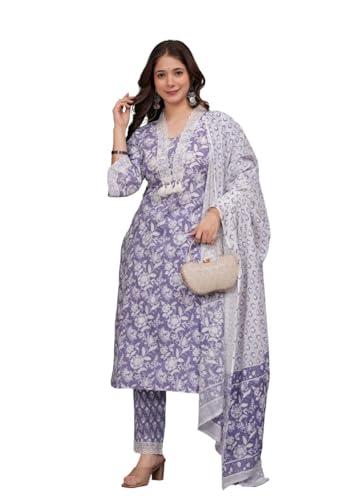 Image of Amayra Women's Pure Cotton Printed Straight Kurta Set with Palazzo Pants & Dupatta- Ethnic Wear, Purple