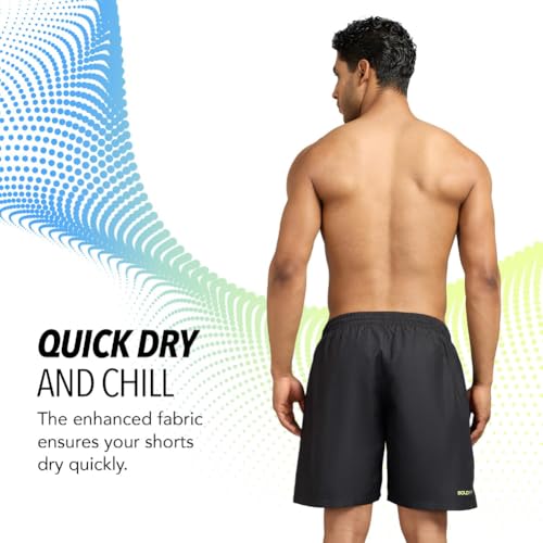 Image of Boldfit Swimming Shorts for Men Stretchable Fit Swimming Trunks, Adjustable Quick-Drying Swim Shorts, Breathable Swimwear - Black(L)
