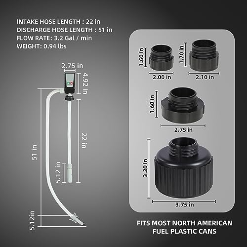 Humberto Fuel Transfer Pump, Auto-Stop Gas Transfer Pump, 3.2GPM, AA Battery/12V DC 3 Power Modes, 4 Adapters for Most Gas Cans, Extra Long Hose, Portable Gas Pump for Gasoline, Diesel, Oil, etc.