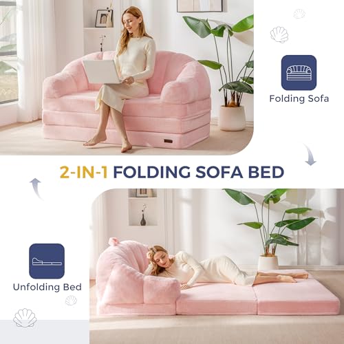 Image of MAXYOYO Folding Sofa Bed, 2 in 1 Convertible Sofa to Lounger Comfy Loveseat Bean Bag Chair for Adults, Floor Couch with Handle, Faux Fur Couch Bed for Living Room Bedroom, Pink, Loveseat