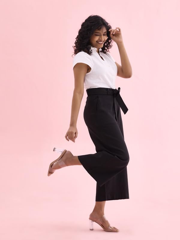 Image of GO COLORS Solid Linen Culottes for Women | High Rise, Side Pockets, Front tie-up