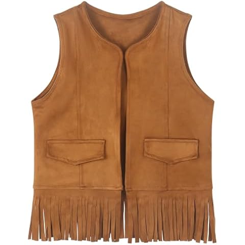 Spring&Gege Kids Suede Fringe Vest 70s Cowboy Cowgirl Western Faux Tassels Jacket Cardigan, Brown, Size 11-12 Years Cover