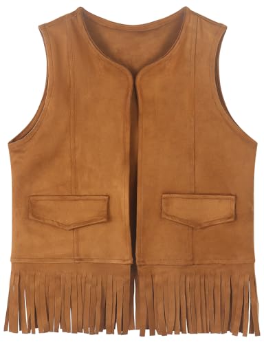 Spring&Gege Kids Open Front Suede Fringe Vest 70s Faux Tassels Jacket Cardigan (5-12 Years)