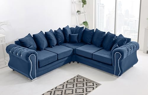 Image of Sofahub Falcon Blue Plush Velvet 5 Seater Corner Sofa Set with Foam Cushions - Transform Your Living Room with Stylish Sofas & Couches - With Diamond Studs - Scatterback Cushions (Blue, Corner)