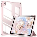 KenKe iPad Air 5 ケース 2022 / iPad Air 4 ケース 2020 10.9インチ (第5/4世代、2022/2020モデル用) PC 透明バックカバー 軽量 薄型 傷つけ防止 PU合成レザー Apple Pencil 収納可能 iPad ケース Apple Pencil 2 ワイヤレス充電対応 三つ折スタンド スリープ機能 (ピンク)