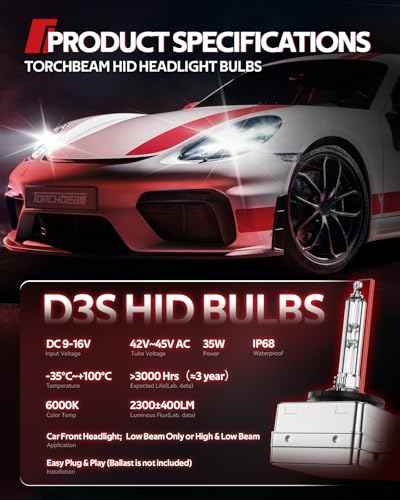 Torchbeam D3S HID Xenon Headlight Replacement Bulbs, High Low Beam, 6000K Diamond White, 35W with Metal Stents Base, for 12V Car, Pack of 2