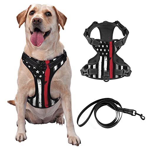 American Flag Thin Red Line Firefighter Dog Harness,No-Pull Pet Harness With Leash,Reflective And Adjustable Outdoor Pet Oxford Vest,With Easy On-Off Technology,For Training, Walking, No-Choke.