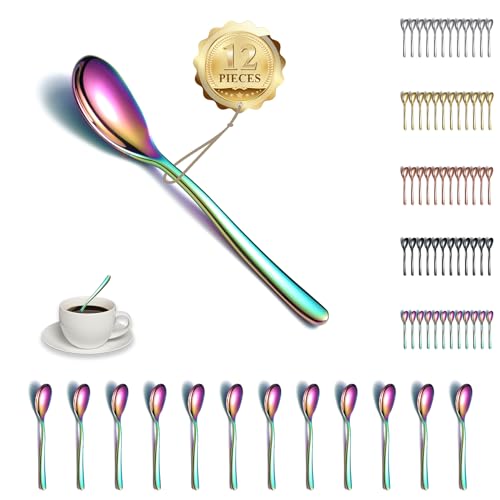 Kyraton Rainbow Teaspoons 12 Pieces, 14cm Stainless Steel Tea Spoons with Colorful Titanium Plating, Ice Cream Spoons