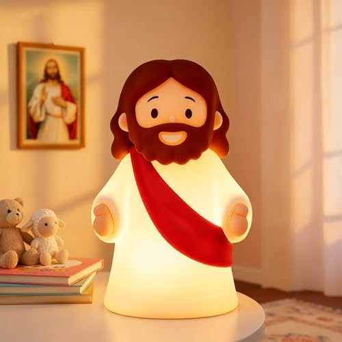 magical JD Little Jesus Night Light Mini Silicone Jesus Lamp Dimmable Rechargeable Touch Bedside Lamp for Nursery & Kids Ideal Religious Gift for Christmas Easter and Baptism (Red)