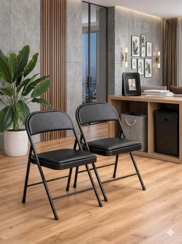 Image of Heavy Duty Metal Folding Chair with Waterproof Vinyl Padded Cushion Seat & Backrest | Portable Space-Saving Chair for Home Office, Study, Training & Visitor Seating, Iran Chair Black (Full)