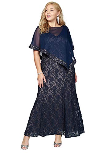 R&M Richards Long Plus Size Formal Cape Lace Dress Navy