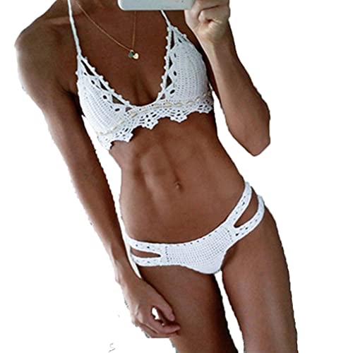 Lishengping Seaside Sexy Beachwear Crochet Bikini Set para mujer, verano, playa, piscina, traje de baño, blanco, L