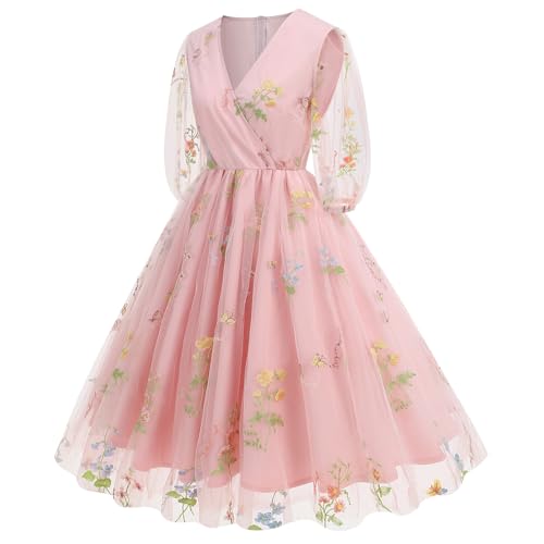 Image of Women Half Sleeve Flower Embroidery Tulle Prom Dress Formal Party Gown Wrap V Neck Flare A Line Wedding Guest Cocktail Dress