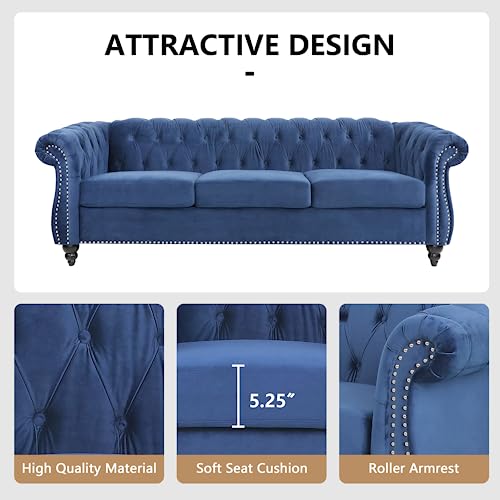 Image of QHITTY Accent Large Sofa, Chesterfield Couch 3 Seater Modern Velvet Couch Upholstered Sofa with Tufted Back for Living Room Furniture (Blue)