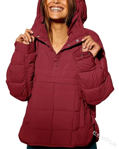 Womens Oversized Puffer Jacket Quilted Dolman Hoodies, Pullover Quilted Lightweight Jacke, Quarter Button Casual Padded Coats